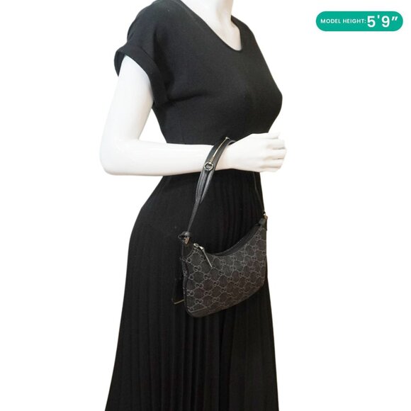 Gucci  Horsebit Slim Small GG Monogram Denim Hobo Shoulder Bag Black 774719 - Picture 2 of 11